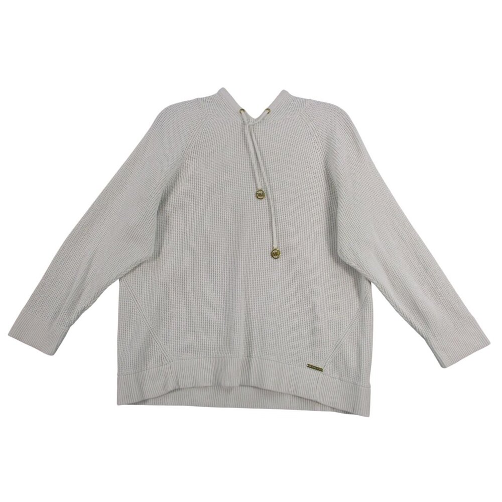 Michael Kors Womens 1X Knit Hoodie Sweater Off-White Waffle Texture Gold-Tone Ac